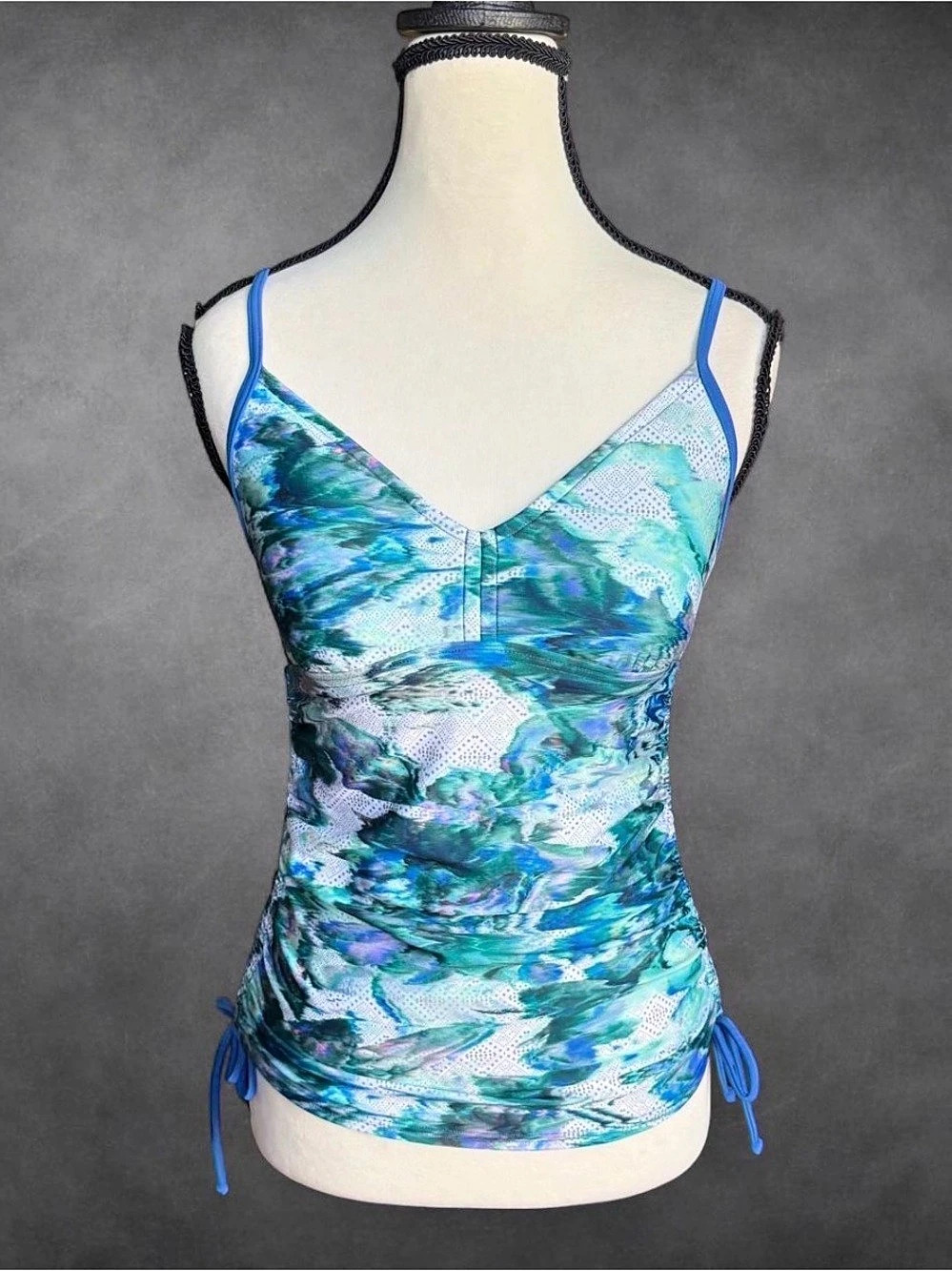 prAna Ruched Floral Tankini Swim Top Blue Green - Size Small